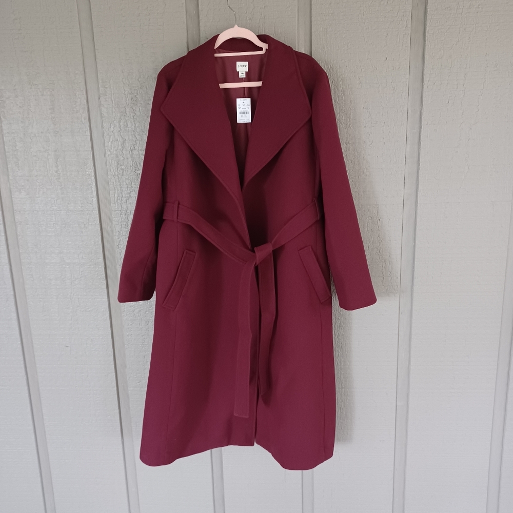 J Crew Factory Belted Wool Blend Coat Size 16 Women Preppy In Vintage Burgundy